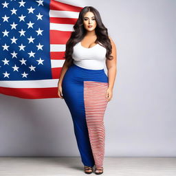 A confident and attractive model with a curvy figure, wearing an outfit inspired by the colors of the USA flag