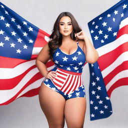 A confident and attractive model with a curvy figure, wearing an outfit inspired by the colors of the USA flag