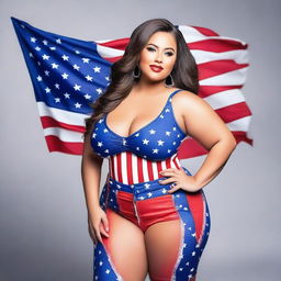 A confident and attractive model with a curvy figure, wearing an outfit inspired by the colors of the USA flag