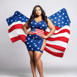 A confident and attractive model with a curvy figure, wearing an outfit inspired by the colors of the USA flag