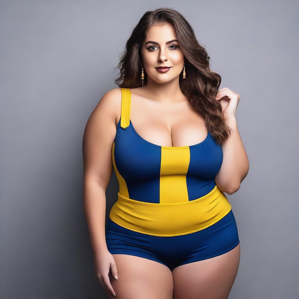 A confident and attractive model with a curvy figure, wearing an outfit inspired by the colors of the Swedish flag