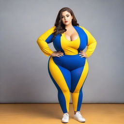 A confident and attractive model with a curvy figure, wearing an outfit inspired by the colors of the Swedish flag