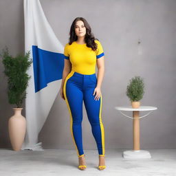 A confident and attractive model with a curvy figure, wearing an outfit inspired by the colors of the Swedish flag