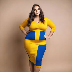 A confident and attractive model with a curvy figure, wearing an outfit inspired by the colors of the Swedish flag