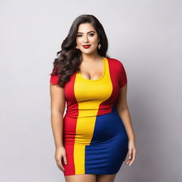 A confident and attractive model with a curvy figure, wearing an outfit inspired by the colors of the Spanish flag