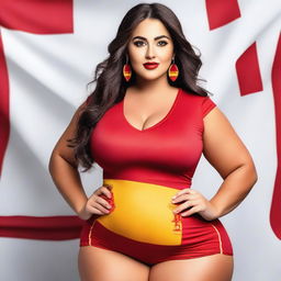 A confident and attractive model with a curvy figure, wearing an outfit inspired by the colors of the Spanish flag