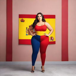 A confident and attractive model with a curvy figure, wearing an outfit inspired by the colors of the Spanish flag