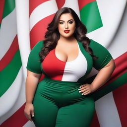 A confident and attractive model with a curvy figure, wearing an outfit inspired by the colors of the Italian flag