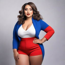 A confident and attractive model with a curvy figure, wearing an outfit inspired by the colors of the French flag