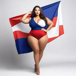 A confident and attractive model with a curvy figure, wearing an outfit inspired by the colors of the French flag