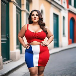 A confident and attractive model with a curvy figure, wearing an outfit inspired by the colors of the French flag