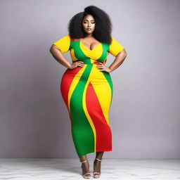 A confident and attractive model with a curvy figure, wearing an outfit inspired by the colors of the Mali flag