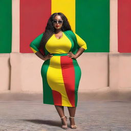 A confident and attractive model with a curvy figure, wearing an outfit inspired by the colors of the Mali flag