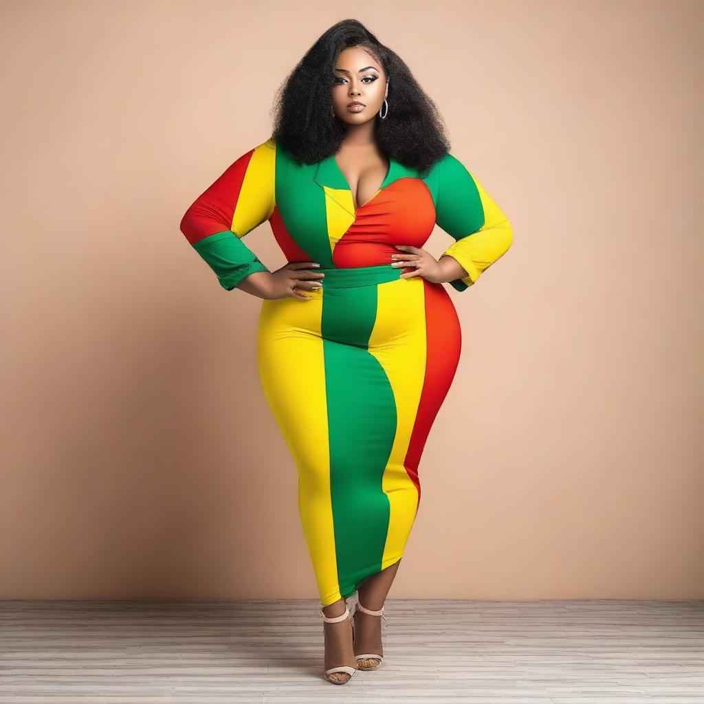 A confident and attractive model with a curvy figure, wearing an outfit inspired by the colors of the Mali flag