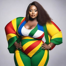 A confident and attractive model with a curvy figure, wearing an outfit inspired by the colors of the Mali flag