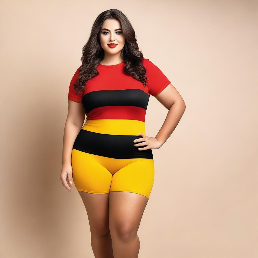 A confident and attractive model with a curvy figure, wearing an outfit inspired by the colors of the German flag