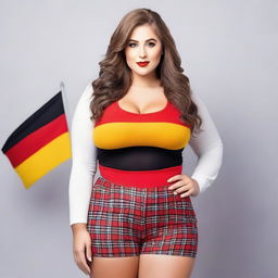 A confident and attractive model with a curvy figure, wearing an outfit inspired by the colors of the German flag