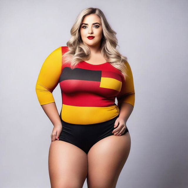 A confident and attractive model with a curvy figure, wearing an outfit inspired by the colors of the German flag