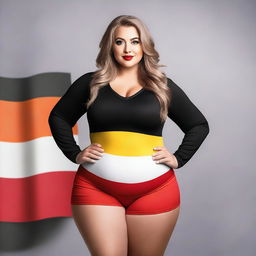 A confident and attractive model with a curvy figure, wearing an outfit inspired by the colors of the German flag