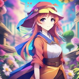 Create an anime-style image featuring a vibrant and dynamic scene with characters in a fantastical world