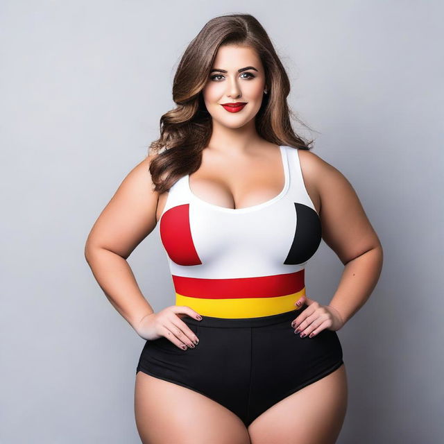 A confident and attractive model with a curvy figure, wearing an outfit inspired by the colors of the German flag