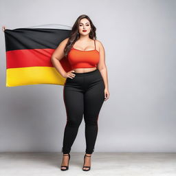 A confident and attractive model with a curvy figure, wearing an outfit inspired by the colors of the German flag