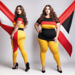 A confident and attractive model with a curvy figure, wearing an outfit inspired by the colors of the German flag