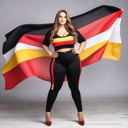 A confident and attractive model with a curvy figure, wearing an outfit inspired by the colors of the German flag