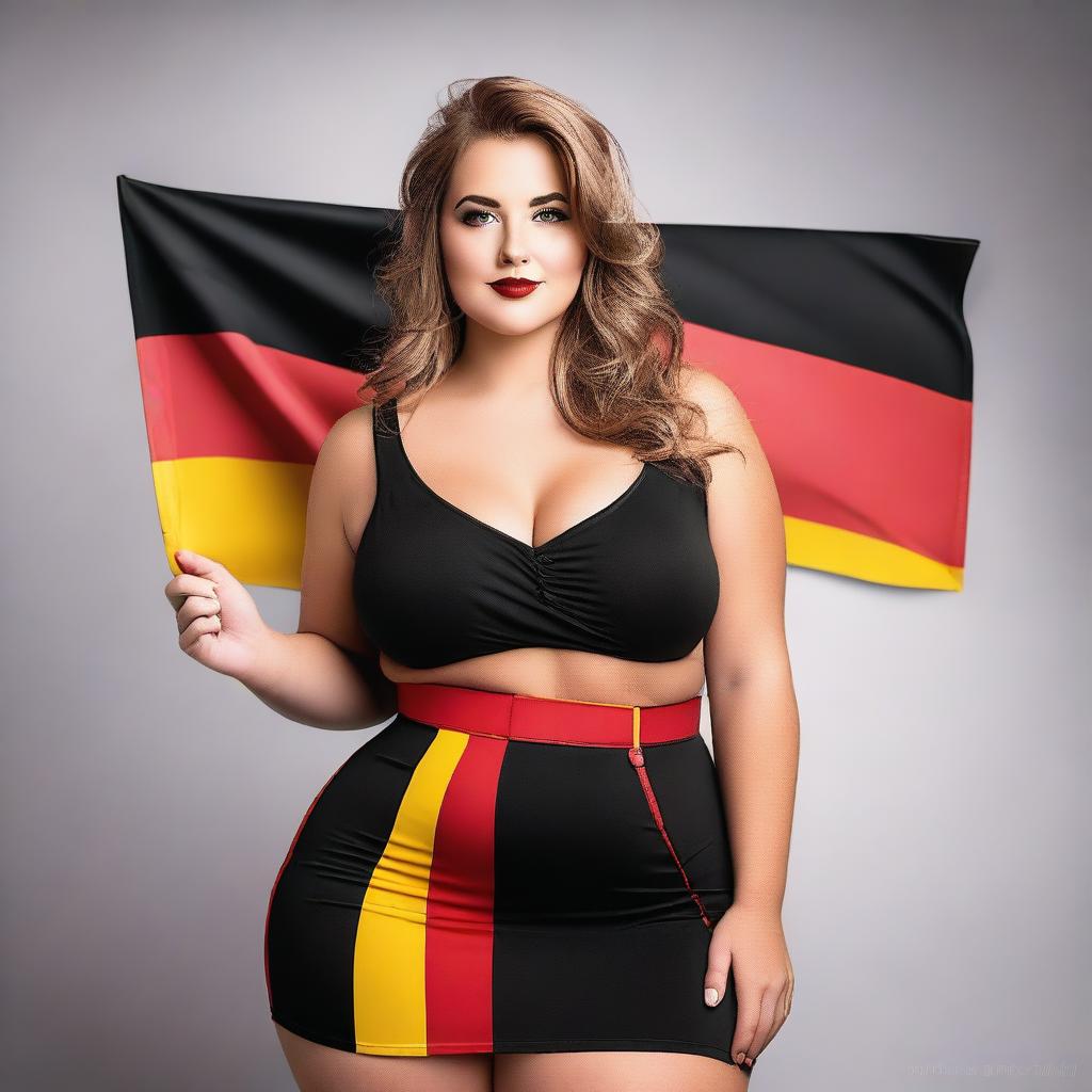 A confident and attractive model with a curvy figure, wearing an outfit inspired by the colors of the German flag