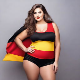 A confident and attractive model with a curvy figure, wearing an outfit inspired by the colors of the German flag