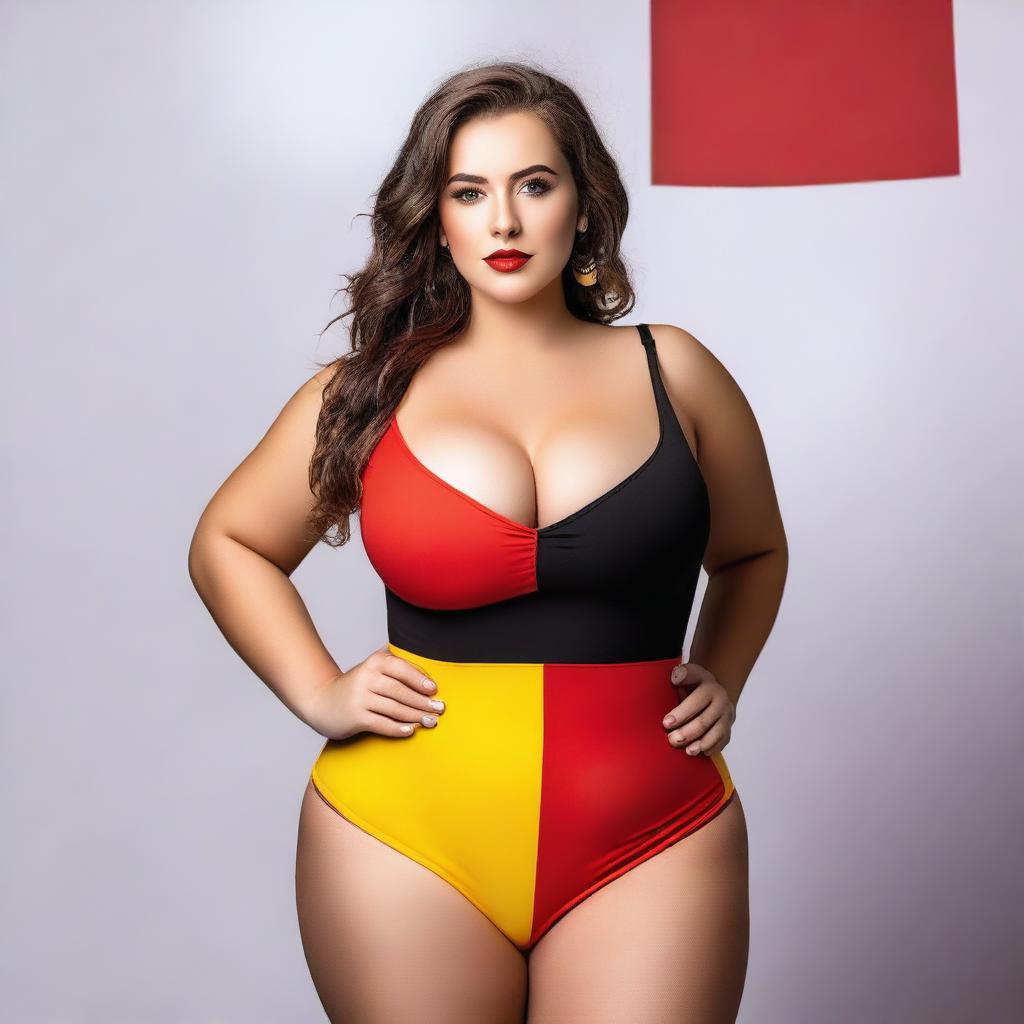 A confident and attractive model with a curvy figure, wearing an outfit inspired by the colors of the German flag