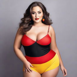 A confident and attractive model with a curvy figure, wearing an outfit inspired by the colors of the German flag