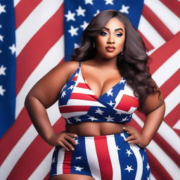 A confident and attractive model with a curvy figure, wearing an outfit inspired by the colors of the USA flag