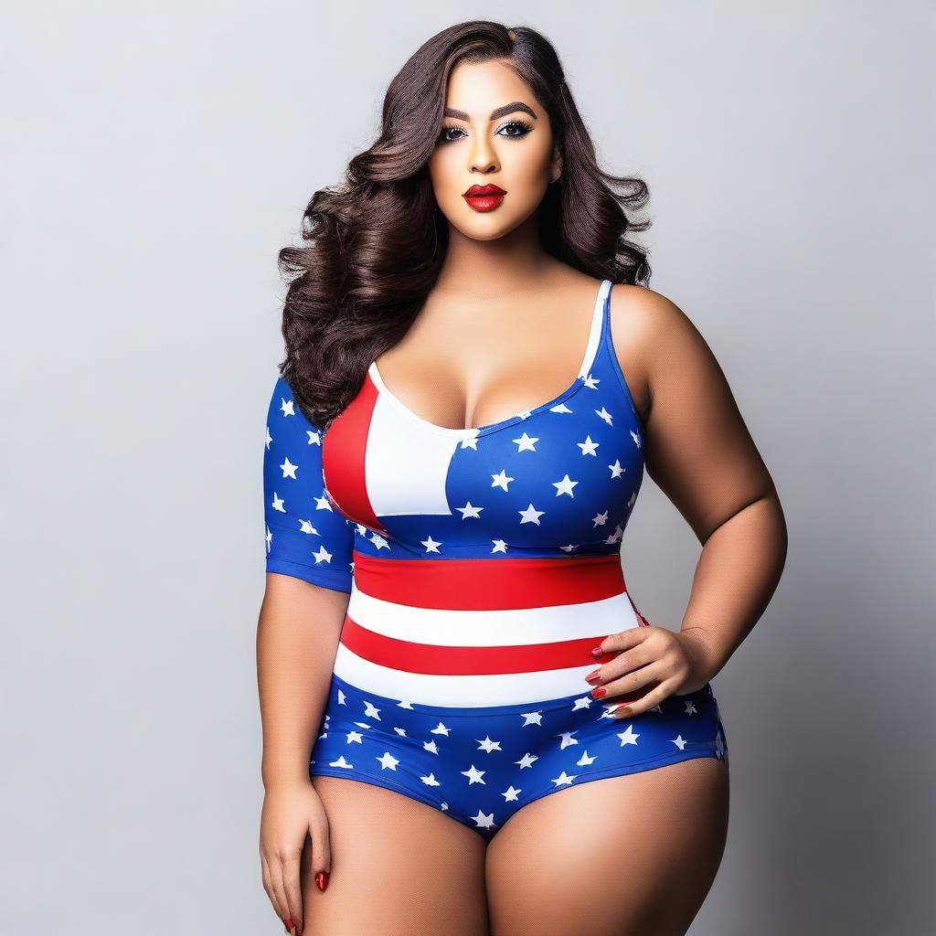 A confident and attractive model with a curvy figure, wearing an outfit inspired by the colors of the USA flag