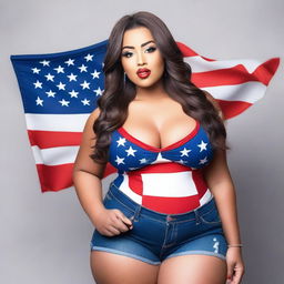 A confident and attractive model with a curvy figure, wearing an outfit inspired by the colors of the USA flag