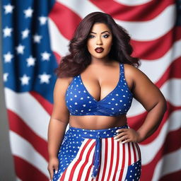 A confident and attractive model with a curvy figure, wearing an outfit inspired by the colors of the USA flag