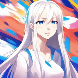 Create an anime-style image of an 18-year-old girl with blue eyes and long, straight white hair