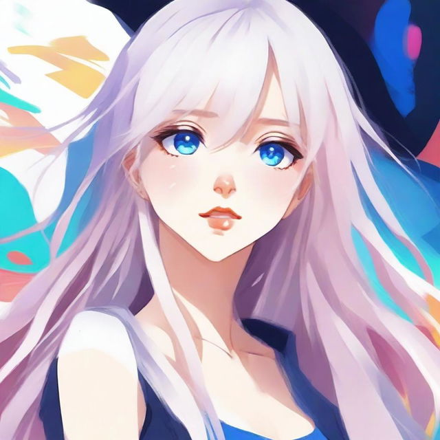 Create an anime-style image of an 18-year-old girl with blue eyes and long, straight white hair