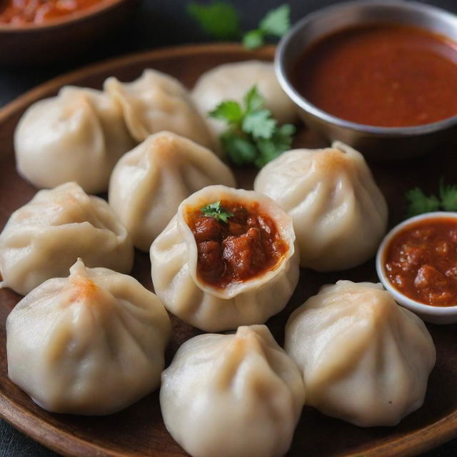 A close-up image of a sizzling hot Nepalese momo (dumpling) served with spicy tomato chutney.