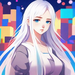 Create an anime-style image of an 18-year-old girl with blue eyes and long, straight white hair