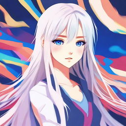 Create an anime-style image of an 18-year-old girl with blue eyes and long, straight white hair