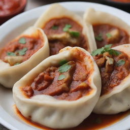 A close-up image of a sizzling hot Nepalese momo (dumpling) served with spicy tomato chutney.