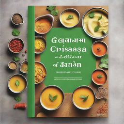 Create a book cover titled 'Culinary Treasures of India: A Journey through Flavors and Nutrition' with the subtitle 'Exploring the Delicacies of Gujarat and West Bengal