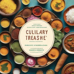 Create a book cover titled 'Culinary Treasures of India: A Journey through Flavors and Nutrition' with the subtitle 'Exploring the Delicacies of Gujarat and West Bengal