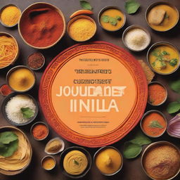 Create a book cover titled 'Culinary Treasures of India: A Journey through Flavors and Nutrition' with the subtitle 'Exploring the Delicacies of Gujarat and West Bengal