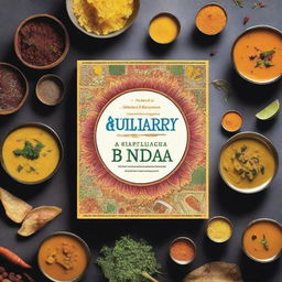 Create a book cover titled 'Culinary Treasures of India: A Journey through Flavors and Nutrition' with the subtitle 'Exploring the Delicacies of Gujarat and West Bengal