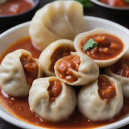 A close-up image of a sizzling hot Nepalese momo (dumpling) served with spicy tomato chutney.