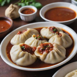 A close-up image of a sizzling hot Nepalese momo (dumpling) served with spicy tomato chutney.