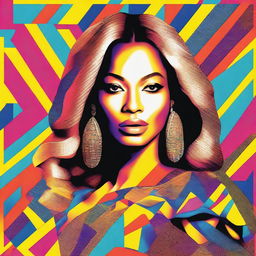 A vibrant and stylish poster of Beyonce, showcasing her powerful presence and iconic fashion sense