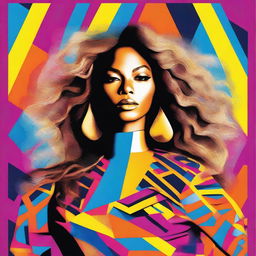 A vibrant and stylish poster of Beyonce, showcasing her powerful presence and iconic fashion sense